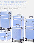 5 in 1 Professional Makeup Train Case Aluminum Cosmetic Case Rolling Makeup Case ExtraLarge Storage Organizer with Key Swivel Wheels Salon Barber Case for Make Up Nail Hairstylists, Blue