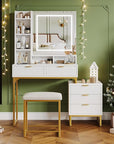 GarveeHome Makeup Vanity Desk with Mirror and Lights, Vanity Table with 5 Drawers, Vanity Set with Stool and Removable Side Storage Cabinet for Bedroom, White & Gold