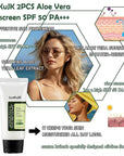 2PCS Aloe Vera Sunscreen SPF 50 PA+++,Moisturizing Long Lasting Non-Greasy Aloe Vera Sun Cream for Face & Body