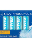 NIVEA Smoothness Lip Care, Sunscreen Lip Balm with SPF 15 Broad Spectrum, Shea Butter, Nourishing Oils and Vitamin C & E, 3-in-1 Moisture, Repair and Sunscreen, 0.17 Oz Stick, Pack of 4