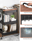 TOOLF 3-Tier Rolling Cart with Table Top, Metal Storage Cart on Wheels, Utility Organizer with Wooden Tray, Lockable Casters, Easy Assembly for Bathroom, Living Room, Office, Kitchen, Black