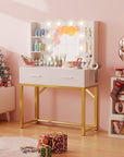 Furmax Vanity Desk with Mirror and LED Light Bulb, Small Makeup Vanity Table with Drawers, Dressing Table with Power Outlet and Hair Drayer Holder for Bedroom (White & Gold)
