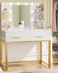 YESHOMY Vanity Desk with Mirror, Makeup Table with 2 Large Drawers, Power Outlet and Round Holder, 3 Color Modes Adjustable Bulb, White