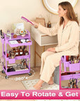 Goovilla Rolling Makeup Organizer Cart with Removable Drawer, 3 Tier Stable Purple Floor Skincare Storage Cart for Vanity, Cosmetic Display, Nail Polish, Perfume, Hair Stuff, Beauty, Bathroom(Plastic)