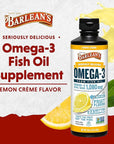 Barlean's Lemon Crème Omega 3 Fish Oil Liquid Supplement, 1080mg of Omega 3 EPA & DHA Fatty Acid, Smoothie Flavored & Burpless for Brain, Joint, & Heart Health, 16 oz