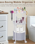 Rolling Makeup Cart Organizer with Removable Hair Dryer Holder, 3 Tier Round Floor Makeup Organizer with Wheels for Cosmetic, Perfume, Nail Polish, Small Space Bathroom Storage Cart, White