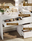Vanity Desk with Mirror and 12 LED Lights, Makeup Vanity Table with USB & Power Outlets, 4 Drawers and Hairdryer Holder, Padded Stool with Storage, White