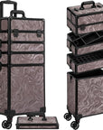 Profesional Rolling Makeup Train Case with Lid, 5 in 1 Cosmetology Case on Wheels, Large Cosmetic Trolley Organizer Travel for Hairstylist Artist Nail Beauty Salon Barber, Brown Ink