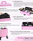 Profesional Rolling Makeup Train Case with Lid, 5 in 1 Cosmetology Case on Wheels, Large Cosmetic Trolley Organizer Travel for Hairstylist Artist Nail Beauty Salon Barber, Pink
