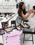Professional Rolling Makeup Case with Wheels, 5-in-1 Makeup Train Case, Cosmetic Makeup Trolley Cart Travel Cosmetology Case On Wheels with Key for Hairstylists, Nail Tech (Pink Crystal)