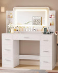 YESHOMY 43.3''Vanity Desk with LED Mirror & Power Outlet, 7 Drawer Makeup Vanity with Side Shelves, Lighted Dressing Table for Bedroom(White