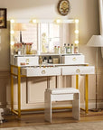 COMHOMA Makeup Vanity Desk with Mirror and Lights, Vanity Table and Chair Set with 4 Drawers and Charging Station, Bedroom Dresser Mirror& Adjustable 3 Color Modes, Storage Shelf, 32In White and Gold