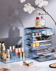Sorbus Acrylic Makeup Organizer Set, 6-Drawer Vanity & Countertop Cosmetic Storage with Small & Wide Compartments, Blue Brilliance Makeup Storage for Brushes, Jewelry – Holiday Gift for Women & Teens