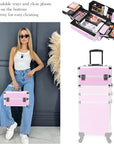 Professional Rolling Makeup Case with Wheels, 5-in-1 Makeup Train Case, Cosmetic Makeup Trolley Cart Travel Cosmetology Case On Wheels with Key for Hairstylists, Nail Tech (Pink Crystal)