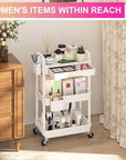 Goovilla 3 Tier Rolling Utility Cart Organizer with Removable Drawer, Stable and Sturdy White Rolling Storage Carts with 2 Lockable Wheels for Bathroom, Kitchen, Snack, Craft, Makeup, Baby Essentials