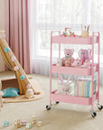TOOLF 3-Tier Metal Rolling Cart with Wheels, Storage Utility Organizer Cart for Kitchen, Bathroom, Office, Baby Essentials & Makeup - Lockable Casters, Easy Assembly, Large Capacity, Pink