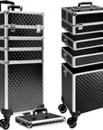 5 in 1 Rolling Makeup Train Case Professional Cosmetic Trolley Large Storage Organizer on Wheels for Hairstylist Artist Nail Beauty Salon Barber Black
