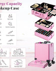 AROUS 5 in 1 Rolling Makeup Train Case Cosmetology Case on Wheels Large Cosmetic Organizer Travel Cart for Hairstylist Artist Nail Beauty Salon Barber,All Pink