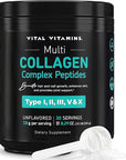Vital Vitamins Multi Collagen Peptides Powder - Unflavored, Easy to Dissolve - Type I, II, III, V, X - for Women & Men - Promotes Hair, Skin, Nails, & Joint Health - 30 Servings