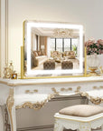 ROLOVE Gold Vanity Mirror with Lights - Smart Touch Dimming, 3-Color Lighting, 360° Rotatable Desktop Makeup Mirror for Desk, 22"x17"