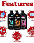 Axe Men's Body Wash Variety Set, Set of 3 Scents, Axe Dark Temptation, Apollo and Excite Body Wash, 3in1 Body and Face Wash in Pump Bottle, 33.8 Ounce Each