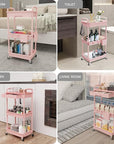 REBECAT 3 Tier Rolling Utility Cart with Drawer,Storage Cart,Rolling Cart for Kitchen,Bathroom,Living Room,Storage Organizer with Iron Wheels(Pink