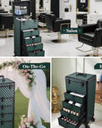 Nail Salon Cart with 4 Drawers,Rolling Makeup Train Case for Beauty,Cosmetology Case on Wheels Trolley Cart,Lockable Organizer Travel Case for Manicure/Face Painting/Hairstylist,DARK GREEN