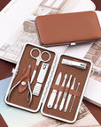 Manicure Set, FAMILIFE Professional Manicure Kit Nail Kit Mens Grooming Tools Pedicure Tool 9PCS Gifts for Men Boyfriend Stainless Steel Nail Clipper Set Leather Case Brown