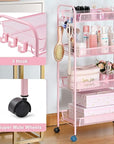 TOOLF 4 Tier Rolling Utility Cart - Durable Metal Design Pink Utility Cart, Storage Trolley on Wheels with 3 Hooks, Perfect for Kitchen, Bathroom & Laundry Room Organization