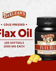 Barlean's Flaxseed Oil Softgels, Cold-Pressed Flax Seed Supplement with 1,650 mg ALA Omega-3 Fatty Acids for Joint & Heart Health, 1000mg, 100 ct