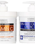 Advanced Clinicals Brightening Vitamin C Body Cream + AHA Exfoliating 10% Glycolic Acid & Lactic Acid Lotion 2PC Skincare Set For Women & Men To Reduce Appearance Of Dark Spots & Uneven Skin Tone