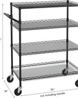 Finnhomy 4 Tier Heavy Duty Commercial Grade Rolling Cart with Handle Bar, Metal Wire Utility Cart with Wheels, Service Trolley on Wheels, Shelf Size 18" D x 36" W, NSF, Black