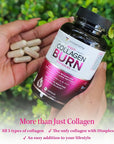 Multi Collagen Burn: Multi-Type Hydrolyzed Protein Peptides with Hyaluronic Acid, Vitamin C, SOD B Dimpless, Types I, II, III, V and X, Caffeine-Free (Unflavored Capsules)