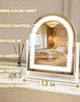 ROLOVE Lighted Makeup Mirror with 3-Color Dimmable Lighting, with Removable 10x Magnifier, Smart Touch Control, 360° Rotation, 15" x 13" Hollywood Vanity Mirror for Tabletop or Desk (White)