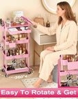Goovilla Rolling Makeup Organizer Cart with Removable Drawer, 4 Tier Stable Pink Floor Skincare Storage Cart for Vanity, Cosmetic Display, Nail Polish, Perfume, Hair Stuff, Beauty, Bathroom(Plastic)