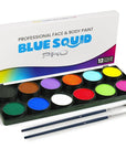 Blue Squid PRO Professional Face Painting Kit - 12 Color Palette with 2 Brushes, Face & Body Paint Kits for Adults & Kids - Safe & Washable SFX Makeup for Parties & Halloween Makeup