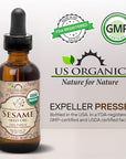 US Organic Sesame Seed Oil, USDA Certified Organic, Untoasted, Unrefined Virgin, 100% Pure & Natural, Cold Pressed, in Amber Glass Bottle w/Glass Eye dropper, Sourced from Mexico (4 oz (Large))