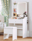 LIKIMIO Small Makeup Vanity Desk with Mirror and Lights, Vanity Table Set with Storage Drawer, Chair and Three Shelves, Bedroom, White