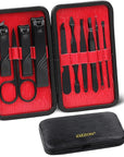ZIZZON Travel Mini Manicure set Nail Clipper set 10 in 1 Stainless Steel Pedicure Care Grooming kit with Case(Black/Red)