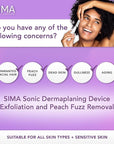 SPA SCIENCES - SIMA Patented Dermaplane Razor for Women Face – Painless 2-in-1 Facial Exfoliation & Peach Fuzz Hair Removal – Anti-Aging – 3 Speeds – Rechargeable – 7 Weeks Treatment