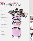 Professional Rolling Makeup Case with Wheels, 5-in-1 Makeup Train Case, Cosmetic Makeup Trolley Cart Travel Cosmetology Case On Wheels with Key for Hairstylists, Nail Tech (Pink Crystal)