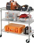 Finnhomy 3 Tier Heavy Duty Commercial Grade Utility Cart, Wire Rolling Cart with Pushing Handle Bar, Steel Metal Kitchen Service Trolly with Wheels, Shelf Size 18" D x 36" W, NSF, Chrome