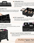 Profesional Rolling Makeup Train Case with Lid, 5 in 1 Cosmetology Case on Wheels, Large Cosmetic Trolley Organizer Travel for Hairstylist Artist Nail Beauty Salon Barber, Black Ink