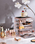 Sorbus Acrylic Makeup Organizer Set, 6-Drawer Vanity & Countertop Cosmetic Storage with Small & Wide Compartments, Pink Makeup Storage for Brushes, Jewelry – Holiday Gift for Women & Teens