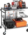 Finnhomy 3 Tier Heavy Duty Commercial Grade Utility Cart, Wire Rolling Cart with Handle Bar, Steel Service Cart with Wheels, Kitchen Carts on Wheels, Metal Cart Shelf Size 24" D x 36" W, NSF, Black