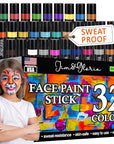 Jim&Gloria Face Paint Kit Bulk 32 Professional Face Painting Kit for Kids Party, Metallic, Neon, Classic Facepaint Crayons, Washable Body Paint Adults, Halloween Makeup, Boys Girls Gifts Crafts Toys