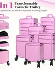 Profesional Rolling Makeup Train Case with Lid, 5 in 1 Cosmetology Case on Wheels, Large Cosmetic Trolley Organizer Travel for Hairstylist Artist Nail Beauty Salon Barber, Pink