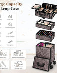 Profesional Rolling Makeup Train Case with Lid, 5 in 1 Cosmetology Case on Wheels, Large Cosmetic Trolley Organizer Travel for Hairstylist Artist Nail Beauty Salon Barber, Brown Ink