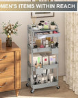 Goovilla 4 Tier Rolling Utility Cart Organizer with Removable Drawer, Stable and Sturdy Grey Rolling Storage Carts with 2 Lockable Wheels for Bathroom, Kitchen, Snack, Craft, Makeup, Baby Essentials
