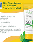 Alba Botanica Sunscreen for Face, Fragrance-Free Sheer Mineral Face Sunscreen Lotion, Broad Spectrum SPF 50, Water Resistant and Biodegradable, 2 fl. oz. Bottle